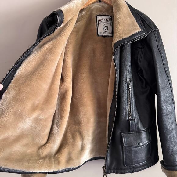 Vintage Wilda Genuine Leather Shearling Lined Black Flight Bomber Jacket Small - Picture 4 of 9